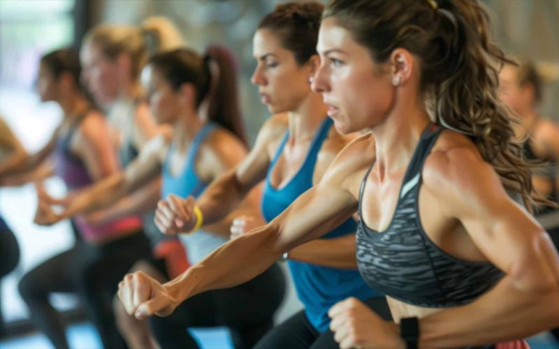 Women exercising in a group fitness class, with the focus on the woman in the foreground who is leading the class.